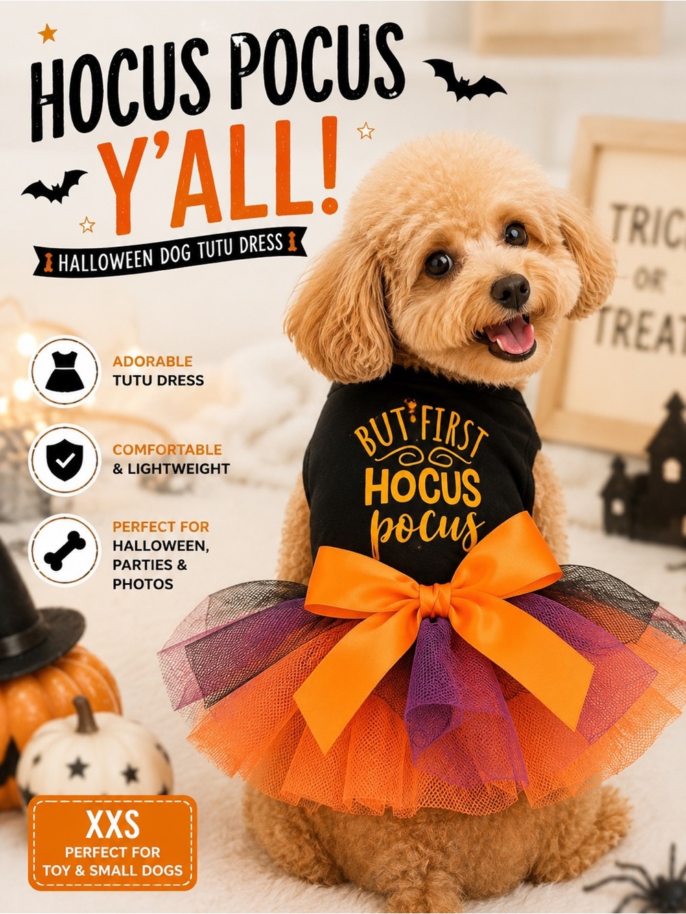 Halloween "But First Hocus Pocus" Dog Tutu Dress - Black and Orange
